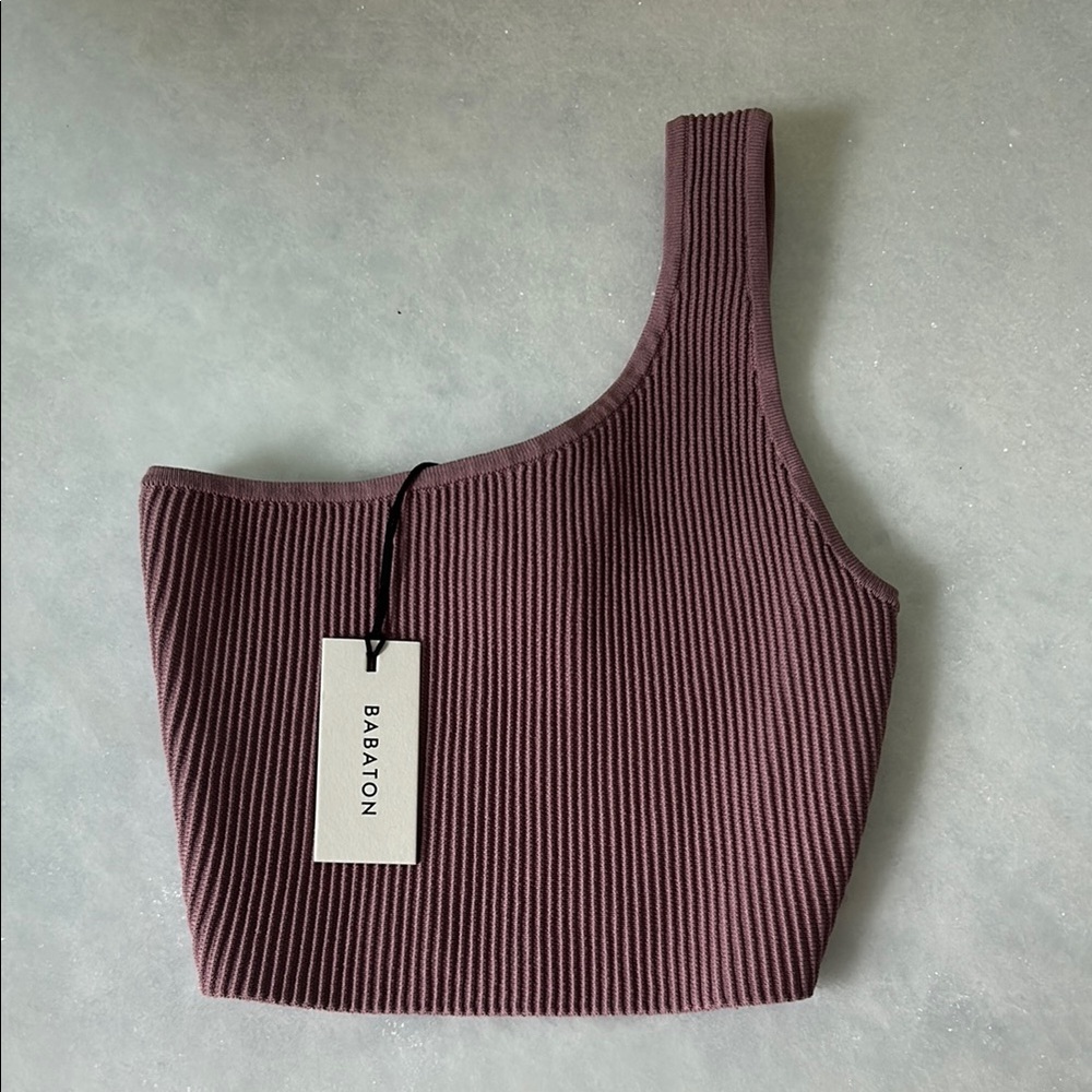 Babaton Red and White Asymmetrical Ribbed Crop Tank Top